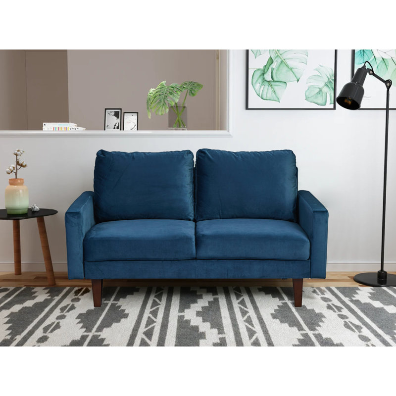 Causeuse à accoudoirs carrés, Velours bleu de Prusse, H 35 po x l 60 po x P 33 po