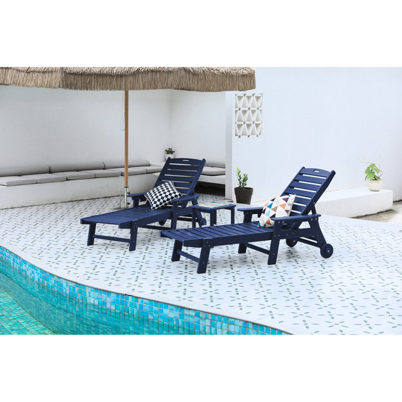 2 Lounge Chairs Outdoor, 5 Patio Chair With Wheels & Cup Holder, Navy Blue, For Deck, Poolside, Rot, Navy Blue, 2