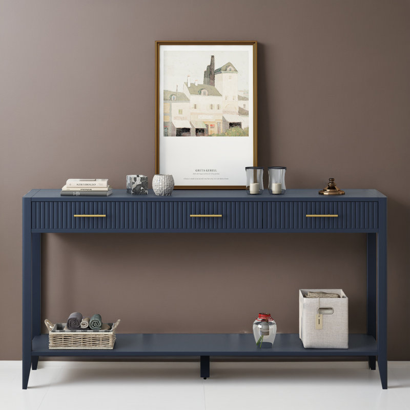 Dishaun 60" Wood Console Table Long Sofa Table with 3 Drawers, Navy Blue