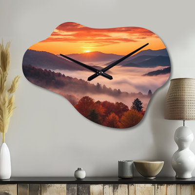 Tennessee Great Smoky Mountains Sunset II - Tennessee, horloge murale en métal, impression d'horloge murale asymétrique orange