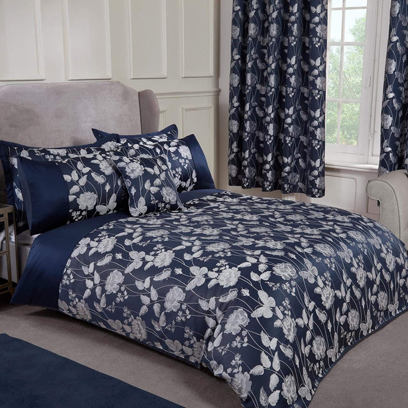 Oxbrooke Cotton Floral Duvet Cover Set with Pillowcases Included, Navy