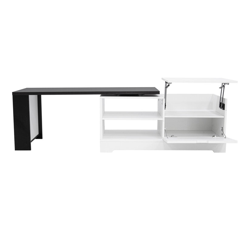 Table basse design à plateau relevable avec portes coulissantes de style grange et plateau pivotant, idéale pour des week-ends de détente à la maison. Décor moderne.
