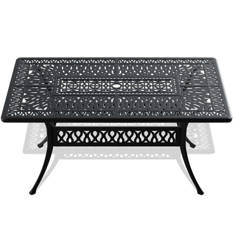 Table de salle à manger en fonte d'aluminium - Noir, forme rectangulaire, trou de parasol, capacité de 160 lb, résistance en l 35,68 po x l 58,44 po, résistance aux intempéries, 6