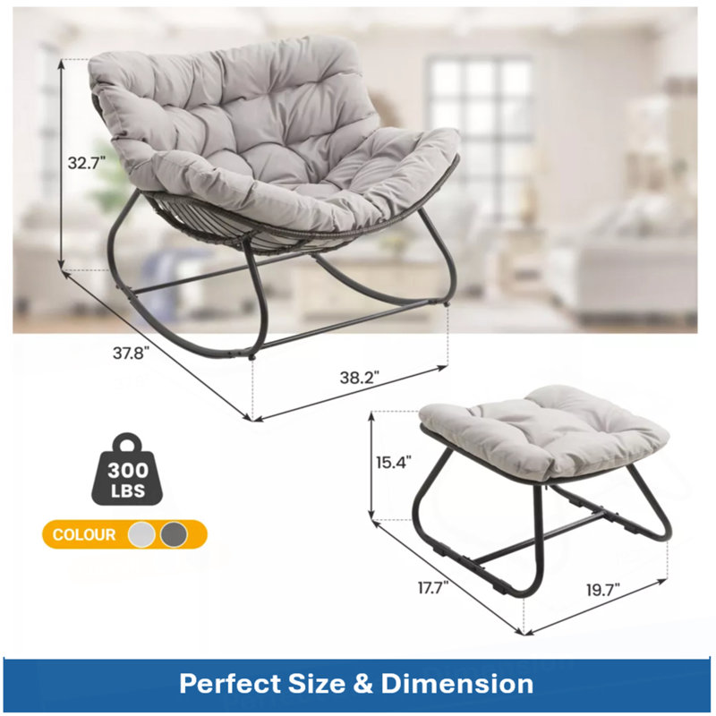 Fauteuil à bascule gris clair avec repose-pieds, fauteuil en osier résistant aux intempéries et coussins, Light Gray