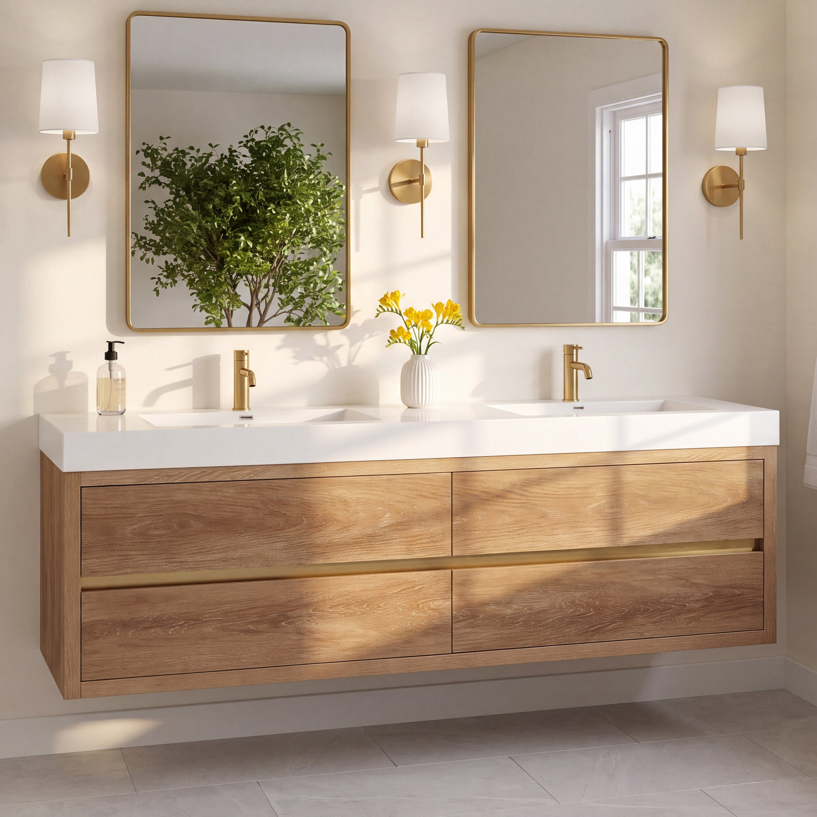 Vali 71.7'' Double Bathroom Vanity, North American Oak Finish/White Top 
