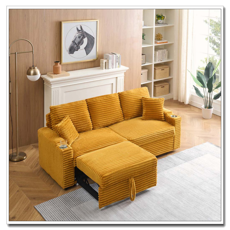 80" Corduroy Folding Sofa with Cup Holder and Pillow, Orange