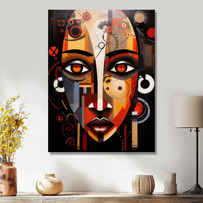 Ancienne beauté aux yeux bruns géométriques - Masque africain, art mural, Métal métal, H 32 po x l 24 po x P 1 po