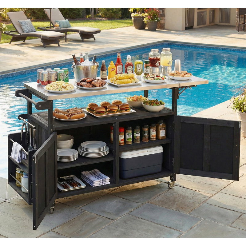 Foldable Outdoor Kitchen Island Patio Mobile Kitchen Cart Portable Outdoor Cooking Island With Lockable Wheels, Storage Cabinet And Towel Rack For Patio And Outdoor, Black