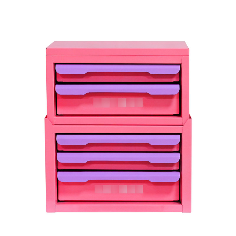 Boîte de rangement rose et mauve avec cinq tiroirs pour l'organisation de la maison et du bureau, acier, conception empilable, articles faciles d'accès, structure à cinq tiroirs en acier laminé à froid, entretien facile, option idéale