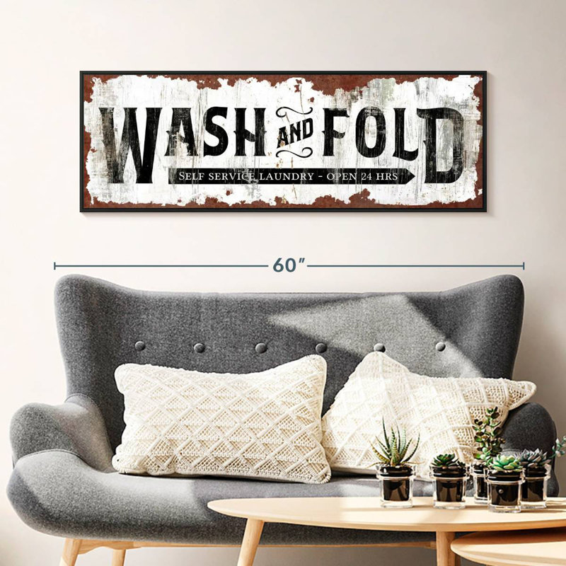 Wash And Fold Old Wall Sign, 46" X 16", Floating Frame Black