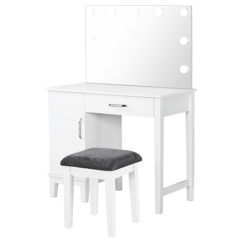 Meuble-lavabo à finition blanche pour chambre à coucher avec tabouret, tiroir et armoire latérale, éclairage 36 W x 51,29 H, à usage unique, hauteur 51,29