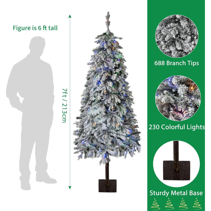 Arbre de Noël artificiel enneigé, avec 458 pointes en PE, 200 lumières colorées, H 7 pi
