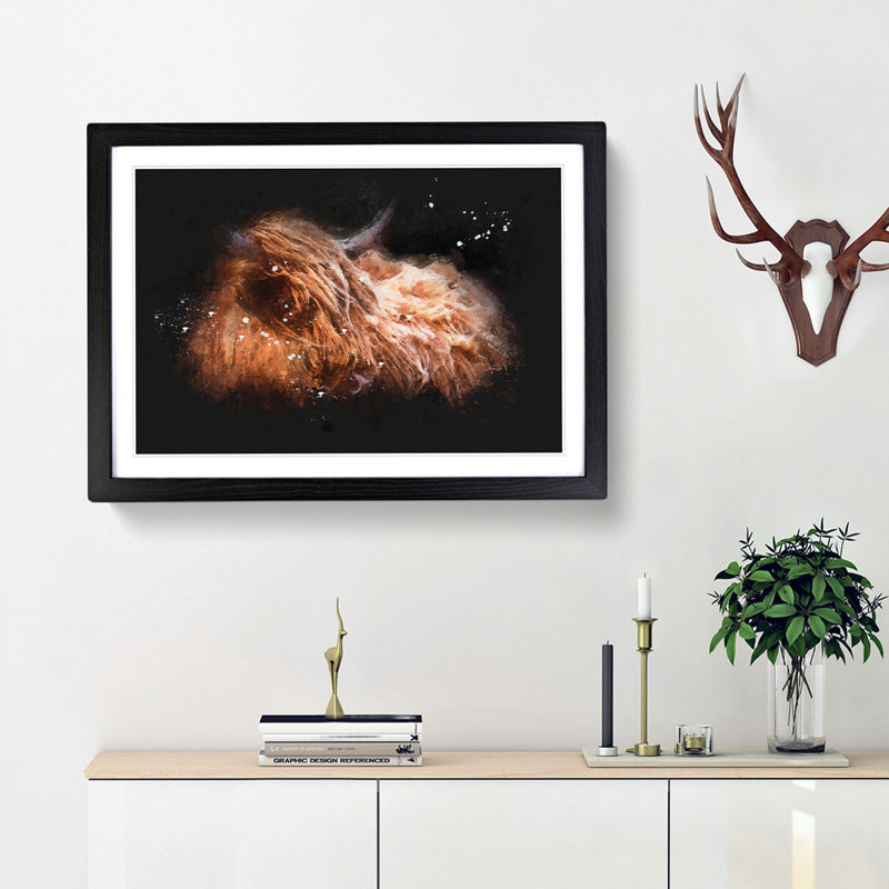 Highland Cow In The Shadows Paint Splash - Picture Frame Graphic Art, 62cm H x 87cm W x 2cm D, Black Framed