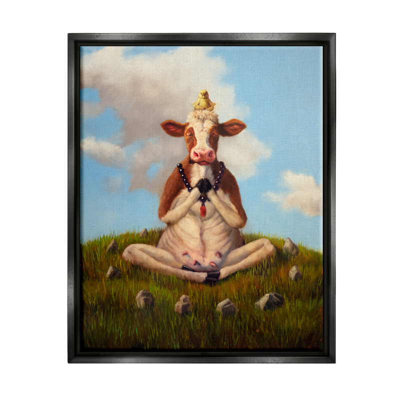 "Trinx Cow & Chick Meditating", art mural encadré par Lucia Heffernan, Cadre flottant noir de jais