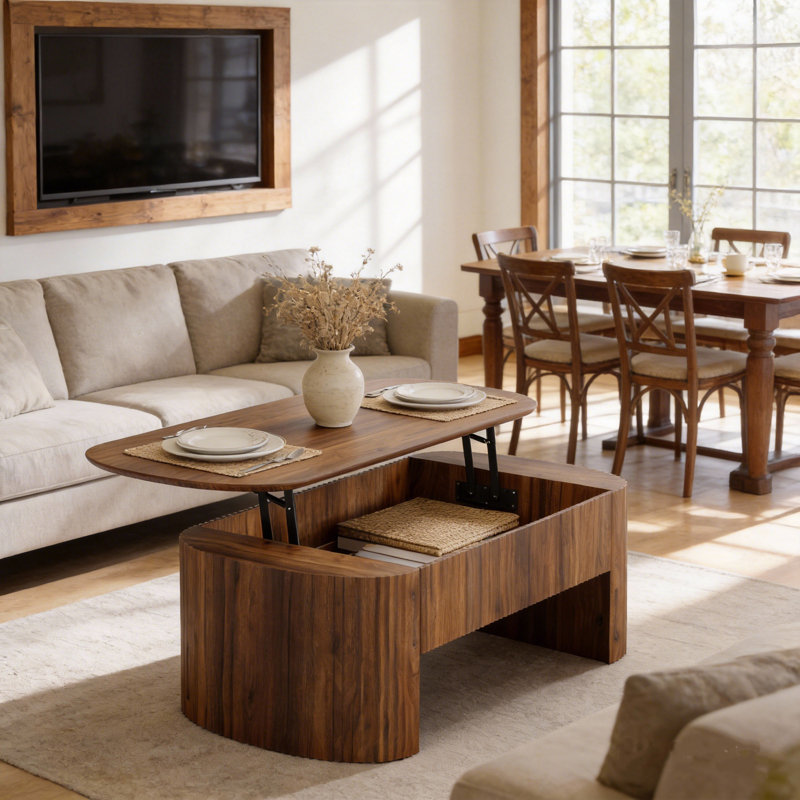 Table basse de 47 po à plateau relevable ovale avec rangement caché, centre rustique brun moderne Mid-Century avec tablette de rangement pour le salon