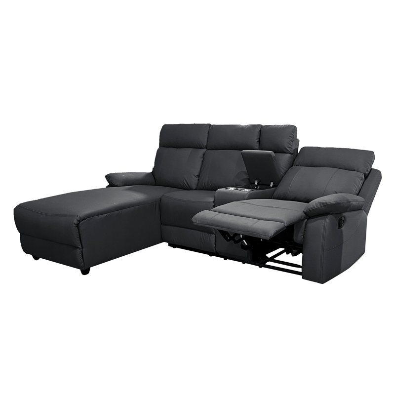 DS Living Home Furniture 3 Seater Leather Match Reclining Sofa & Chaise, Left Hand Facing, Black