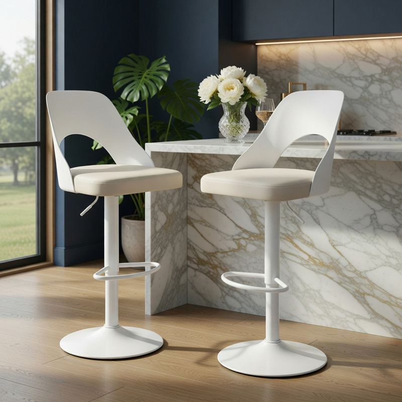  Ensemble de 2 tabourets de bar pivotants réglables, siège en similicuir avec dossier ergonomique, idéal pour la cuisine, le bar et la salle à manger, blanc