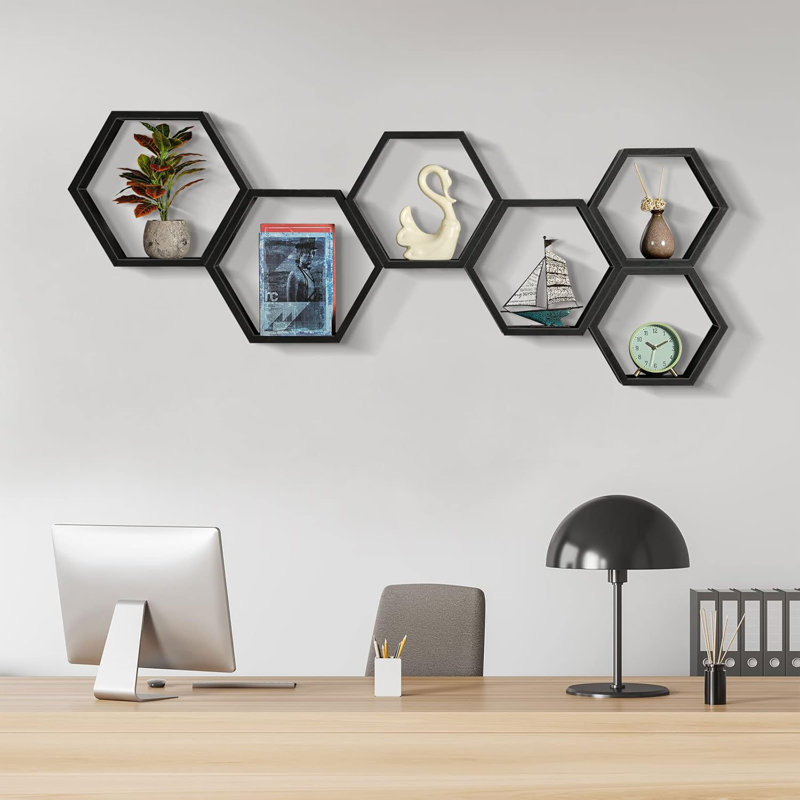 Hexagon Floating Shelves Set Of 6 - Wooden Honeycomb Wall Shelves For Home Decor, Farmhouse Style Storage Shelves, Modern Hexagonal Floating Shelves For Living Room, Bedroom, Office