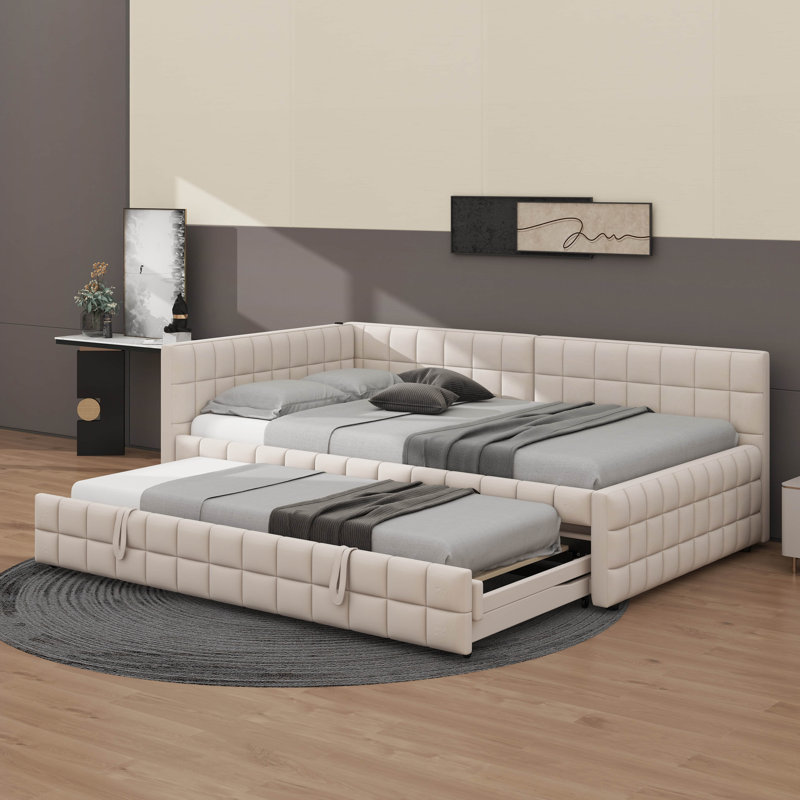 Lit de jour en L pleine grandeur revêtu de tissu et doté d'un lit gigogne escamotable double et de ports USB intégrés, Beige