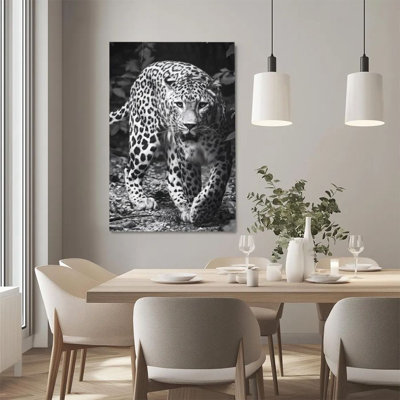 1Pc Framed Canvas Poster Print Leopard, Walking in the Jungle, Black and White Realism Style Wall Art Decor, Perfect for Room Decor Living Room Bedroo