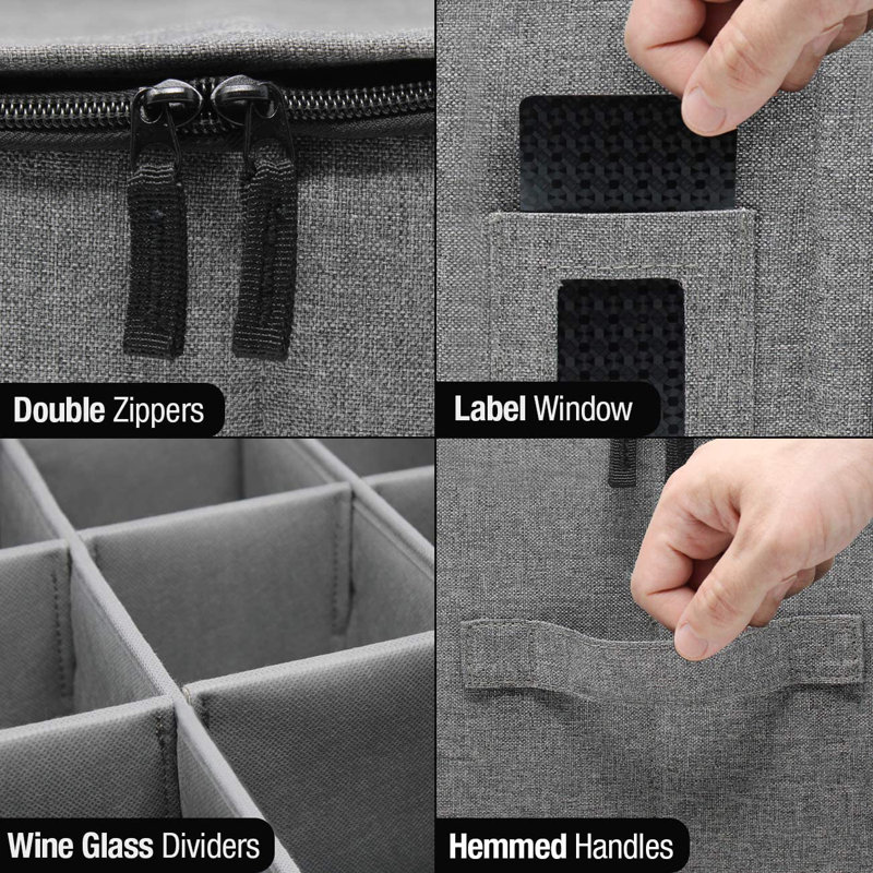 Gray Fabric Collapsible Stemware Storage Box with Dividers