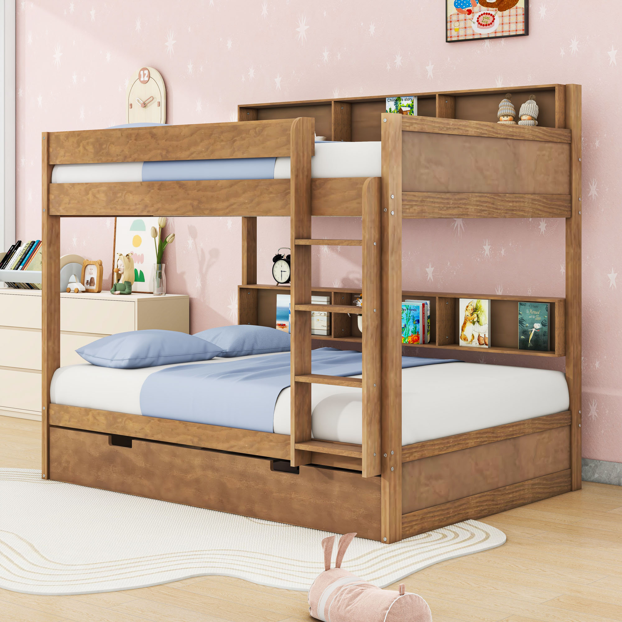 Harriet Bee Wood Bunk Bed with Twin Trundle and Shelves - Wayfair Canada