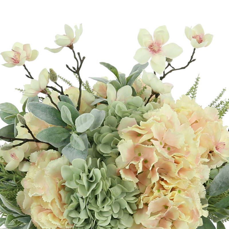 Butterfly Magnolias, Hydrangeas, And Lamb's Ear Arrangement In A Ceramic Vase