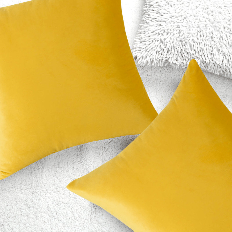 Ensemble de 2 housses de coussin en velours de couleur unie, Jaune, H 18 po x l 18 po