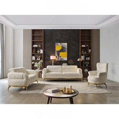 Zoe Modern Style 3PC Living Room Set (Sofa + Loveseat + Chair) Made With Wood And Gold Accents In Cream