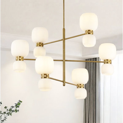 Lustre Sputnik doré à 12 lumières, 104 cm (41 po), trois niveaux, suspension en cascade, abat-jour en verre dépoli, idéal pour salles à manger, salons, chambres et grands halls d'entrée.