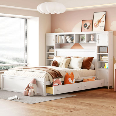 Queen Size Wooden Bed With All-in-One Cabinet, Shelf and Sockets