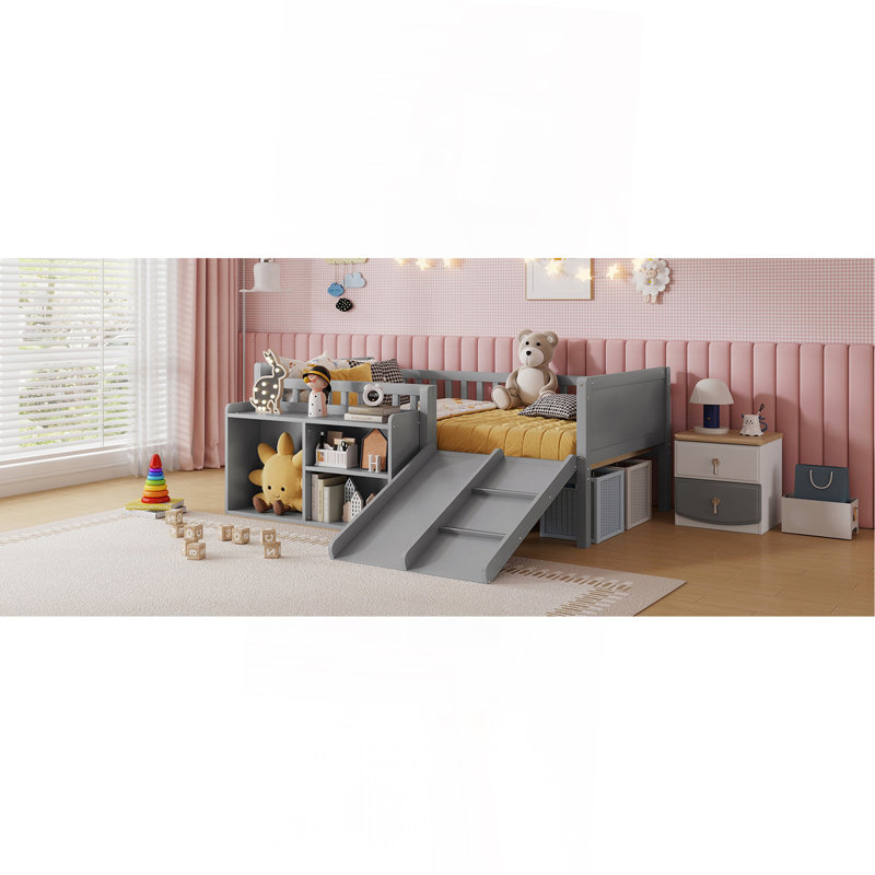 Lit mezzanine simple pour enfants avec glissade, bibliothèque mobile, garde-corps et base de lit mezzanine pour enfants