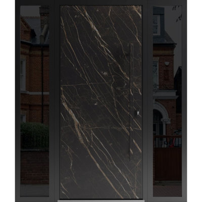 Porte avant en acier pré-suspendue avant / Dekton 0118 noir naturel / 2 fenêtres extérieures latérales / Entrée latérale en métal peint moderne l 12 + 36 + 12 po x H 80 po à gauche