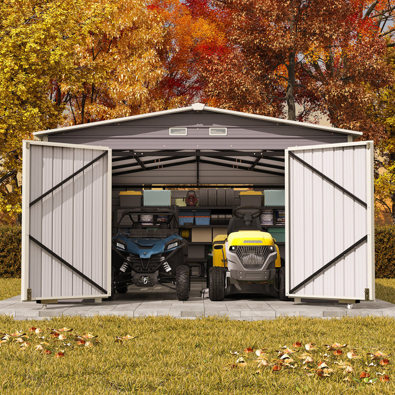 Abri de voiture robuste 14 x 24 pi, abri de voiture en acier galvanisé, remise de rangement fermée pour voitures et camions, gris