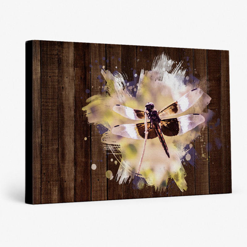 Libellule sur bois patiné - art mural sur toile, 14" W x 11" H