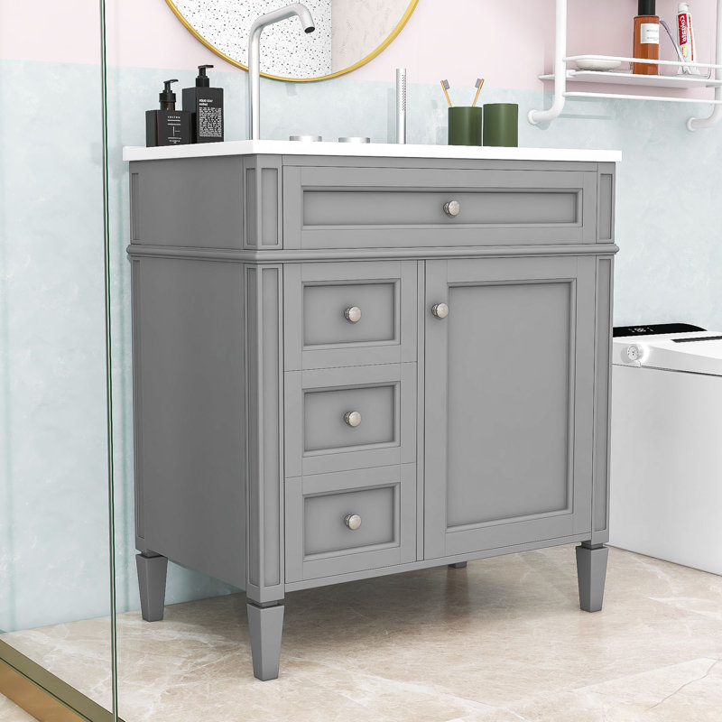 Sriyaan Bathroom Vanity with Resin Top, Bathroom Storage Cabinet with 2 Drawers and Tip-out Drawer, Gray, Silver