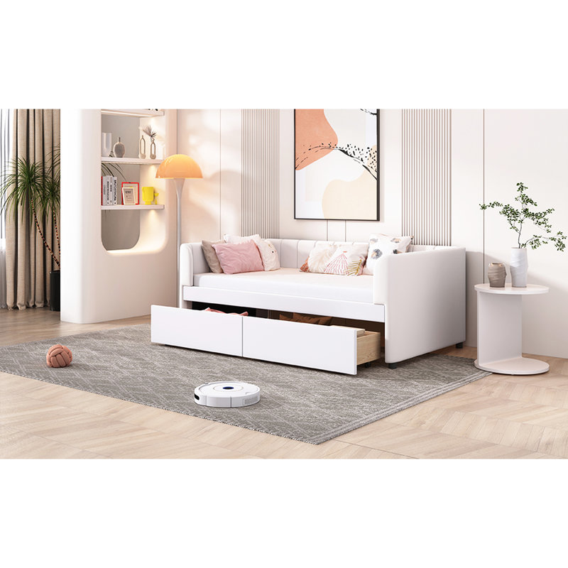 Lit de jour simple beige avec 2 tiroirs et support dorsal ergonomique - Tête de lit à rayures classique pour une chambre à coucher élégante
