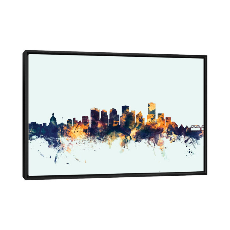 «Skyline Series: Edmonton, Canada on Blue», reproduction d'art sur toile tendue, H 18 po x l 26 po x P 1,5 po, Pas de tapis