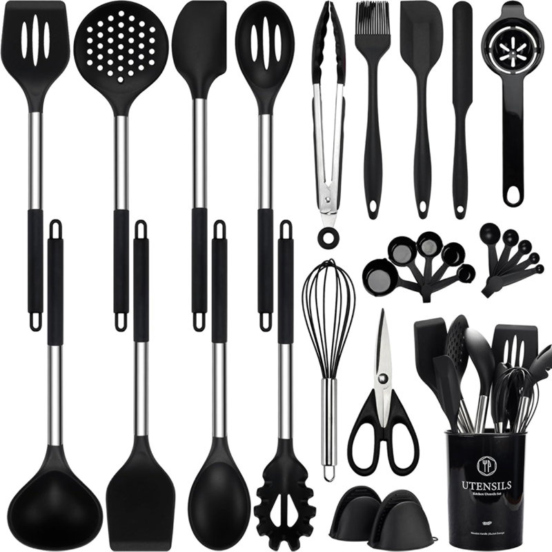 Ensemble 28 ustensiles de cuisine en silicone, résistant à la chaleur antiadhésif, lavable au lave-vaisselle, sans BPA, noir