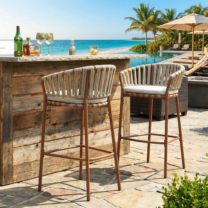 Jadviga Patio 30" Seat Height Woven Rope Bar Stools With Cushions