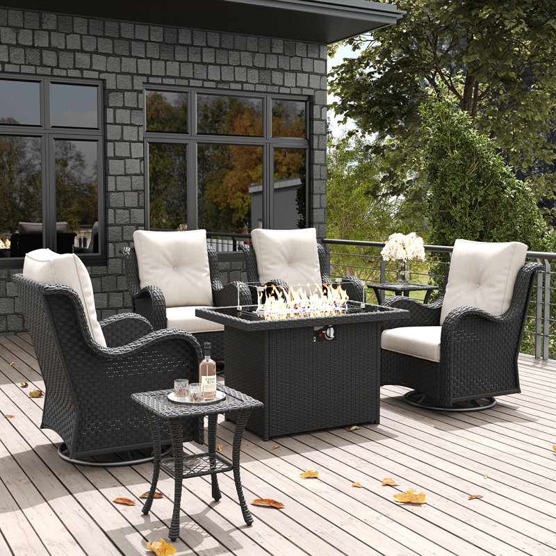 Ensemble de chaises berçantes pivotantes 7 pièces avec table d'appoint LayinSun, Beige, Noir, noir, noir, noir