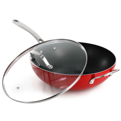 Martha Stewart 12in 5qt Aluminum Nonstick Essential Pan with Lid and Beech Wood Utensils in Red