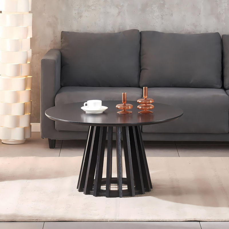 Table basse ronde en bois avec piédestal à lattes - H 18 po x L 31 po x l 31 po , Noir, H 18 po x L 31 po x l 31 po