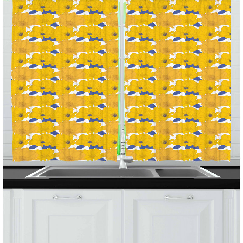 Abstract Blue and Yellow Floral Polyester Kitchen Curtains