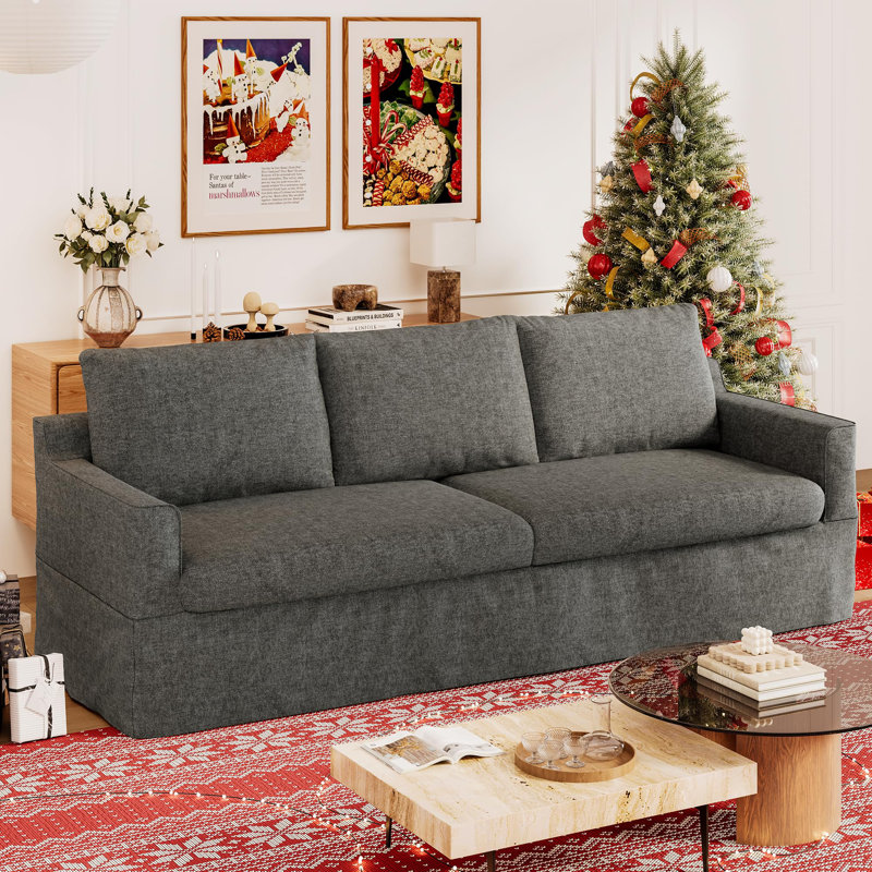 93" Slipcovered Chenille Sofa, 3-Seater Couch With Deep Seat & Removable Cover, Dark Gray