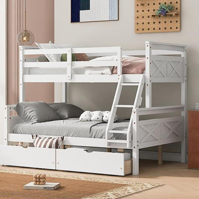 Lit simple superposé simple avec échelle, deux tiroirs de rangement, garde-corps de sécurité