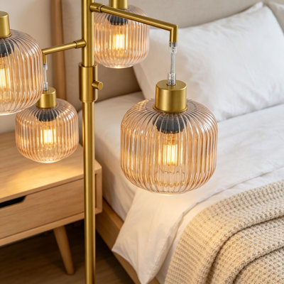 Modern Mid-Century Tree Floor Lamp With Amber Glass Shade, Dimmable Standing Lamp For Living Room, Includes 3 LED Bulbs And Rotary Switch
