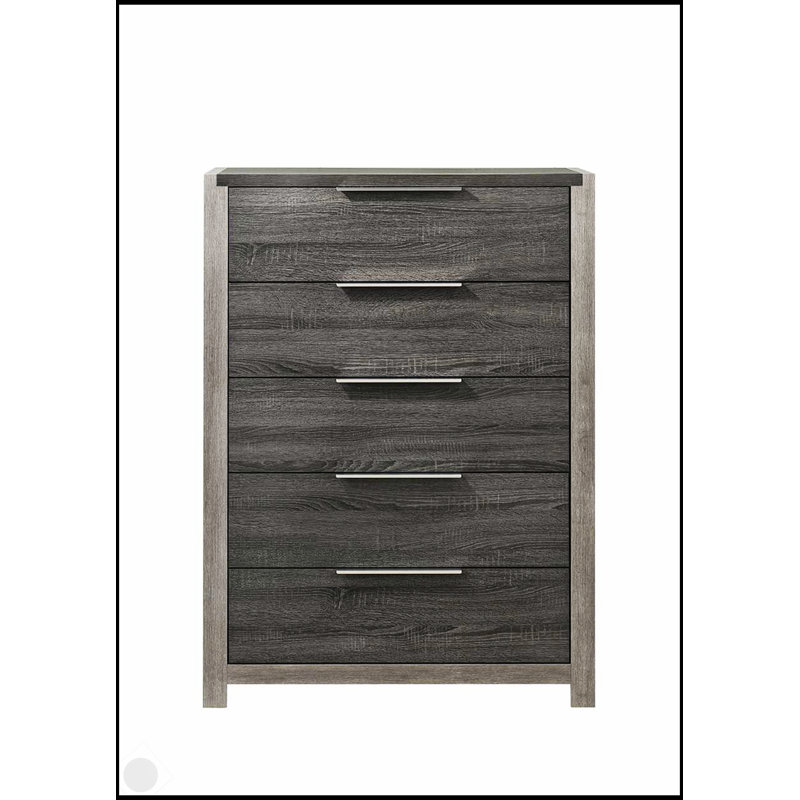 Commode à finition grise Jehoram avec cinq tiroirs spacieux et une fabrication durable pour les solutions de rangement modernes