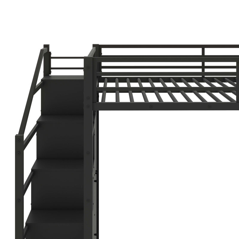 Lit mezzanine double en métal, équipé de tablettes de rangement, d'armoires et d'une armoire