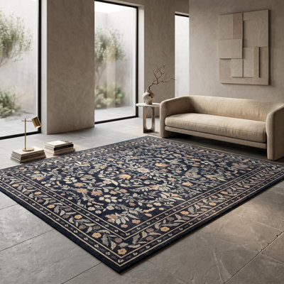 Tapis lavable 8 x 10 pi pour salon - Tapis à motif de feuillage botanique, velours doux, envers TPR antidérapant, lavable à la machine, noir